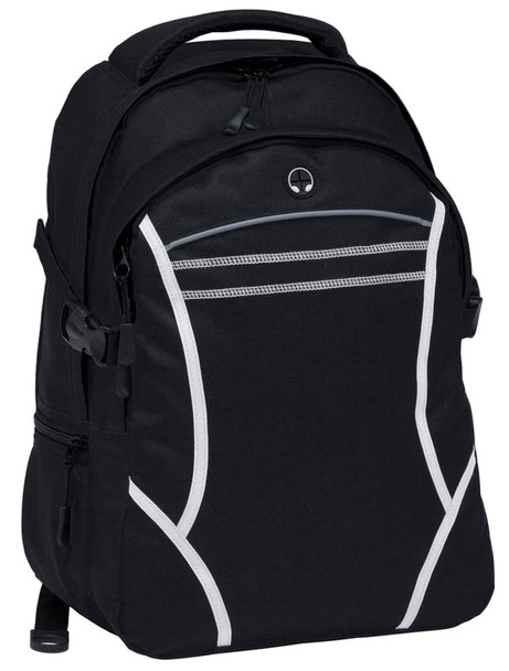 A black backpack featuring white accents and multiple zippers, with a logo on the front.