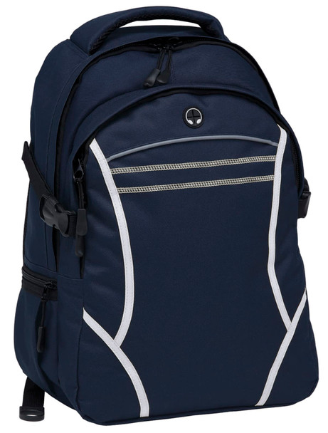 A navy backpack with silver zippers and detailing, featuring multiple compartments and a logo on the front.