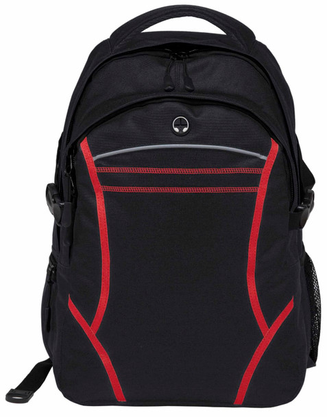 A black backpack with red accents features multiple compartments and a side mesh pocket, including a logo.