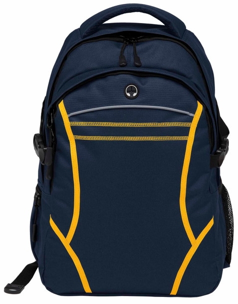 A navy blue backpack featuring yellow accents and a logo, with various compartments and mesh side pockets.