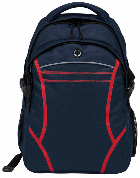 A navy blue backpack with red accents, featuring multiple compartments and a side mesh pocket. It has a logo on the front.