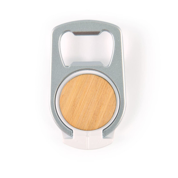 A drink bottle opener phone stand featuring a silver frame and a wooden base. Includes a logo on the design.