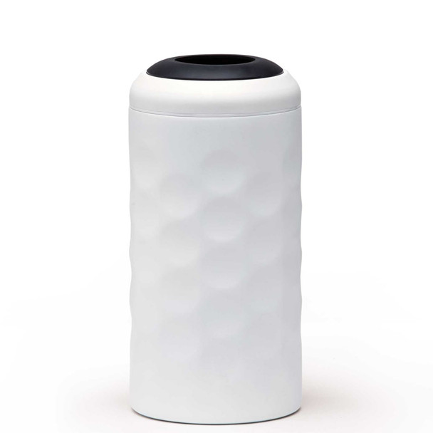 A drink bottle in white with a textured surface and a black lid, featuring a logo on the front.