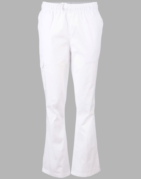 White ladies' chef pants with a relaxed fit and an elastic waistband. Features a side pocket and a clean design. White ladies' chef pants with a relaxed fit and an elastic waistband. Features a side pocket and a clean design.