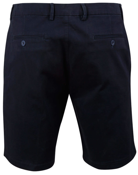 Men's stretch cotton chino shorts in navy blue, featuring a classic design and two back pockets with buttons.