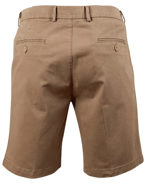 Men's stretch cotton chino shorts in a khaki colour, featuring back pockets and a waist adjuster, with branding present.