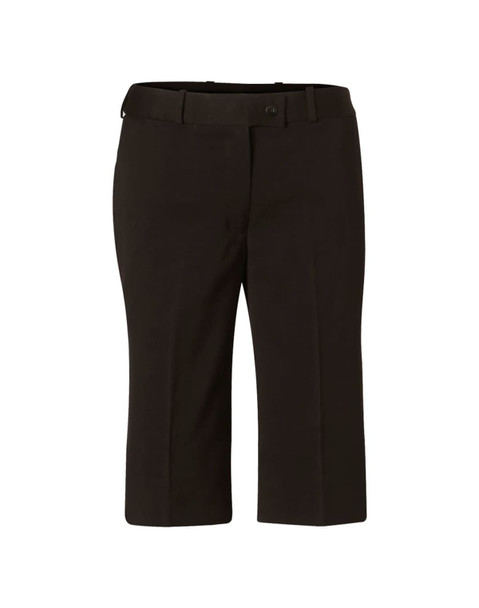 Black knee-length shorts with a flexi waist in a poly/viscose stretch fabric, featuring a button closure and pockets.