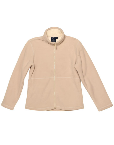 A beige polar fleece jacket featuring a zip front and a high collar, with a logo on the tag. A beige polar fleece jacket featuring a zip front and a high collar, with a logo on the tag.
