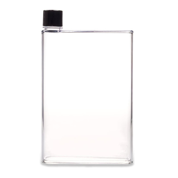 A drink bottle with a transparent body and a black cap, featuring a simple rectangular design.
