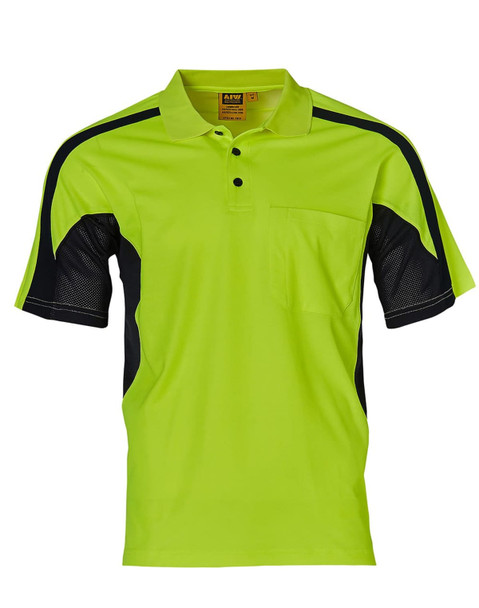 A short-sleeved safety polo in bright yellow with black accents and a chest pocket, featuring a logo. A short-sleeved safety polo in bright yellow with black accents and a chest pocket, featuring a logo.