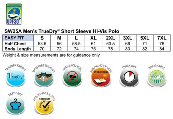 A short-sleeved hi-vis polo shirt in multiple sizes, featuring a logo and various fabric attributes.
