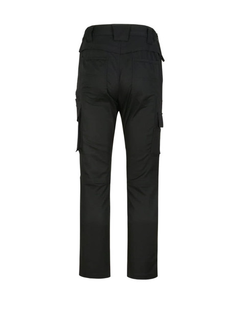 Black unisex cotton stretch ripstop work pants with multiple cargo pockets and a fitted waist.