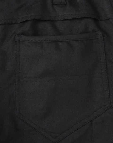 A close-up of black cotton stretch ripstop work pants, featuring a back pocket design and fabric texture.