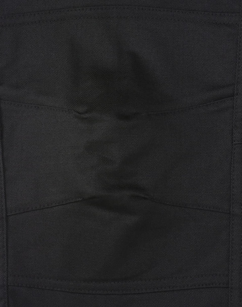 Unisex black cotton stretch ripstop work pants featuring multiple pockets and a durable fabric. Includes branding.