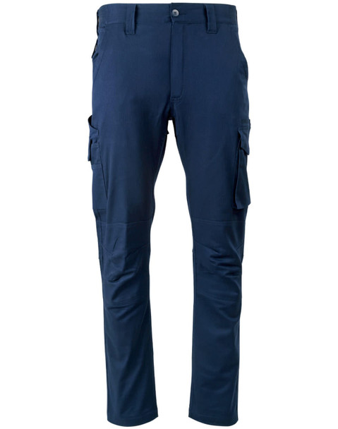 Unisex cotton stretch ripstop work pants in navy blue with side pockets and a fitted design. Features a logo.