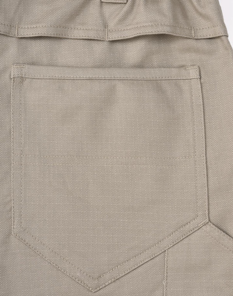 A close-up of khaki unisex cotton stretch ripstop work pants with a back pocket design and a logo.