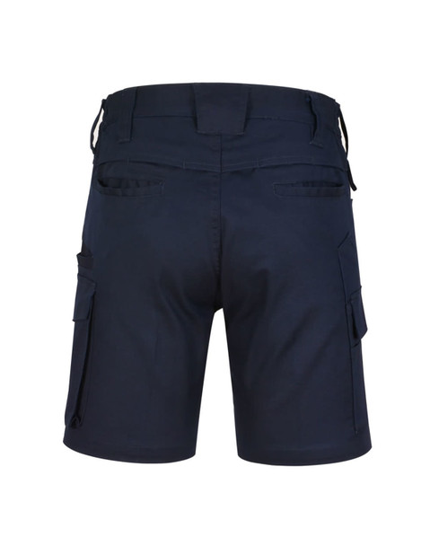 Unisex cotton stretch ripstop work shorts in navy, featuring multiple pockets and a secure waistband.