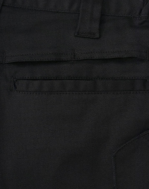 Close-up of black unisex cotton stretch ripstop work shorts, featuring a back pocket and visible stitching details.