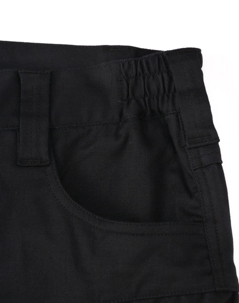 A close-up of black unisex cotton stretch ripstop work shorts, featuring an elastic waistband and pocket detail.