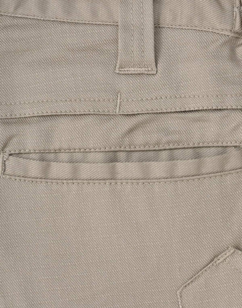 A close-up of unisex cotton stretch ripstop work shorts in a light beige colour, featuring a back pocket and stitching details.