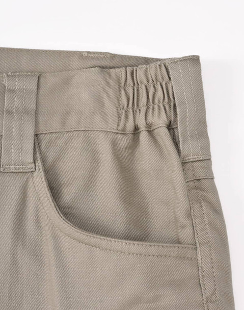 Unisex cotton stretch ripstop work shorts in a muted khaki colour, featuring an elastic waistband and pockets.