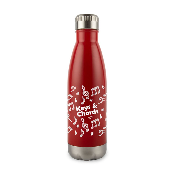 A drink bottle in red stainless steel featuring decorative musical notes and a logo on the surface.