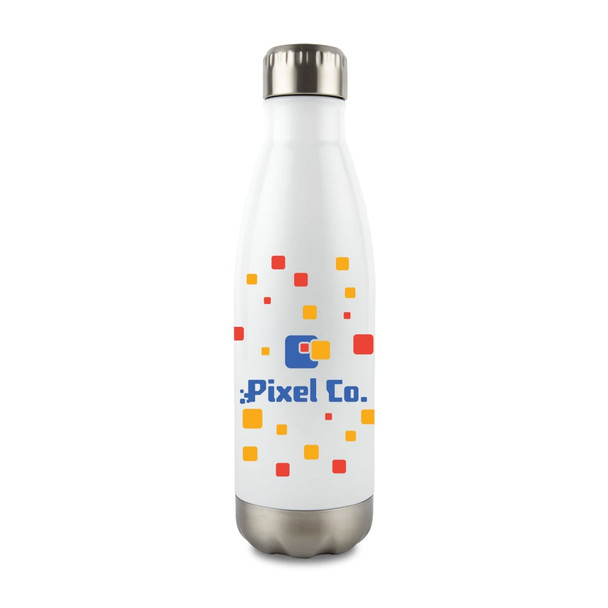 A drink bottle in white with colourful geometric patterns and a stainless steel base, featuring a logo.