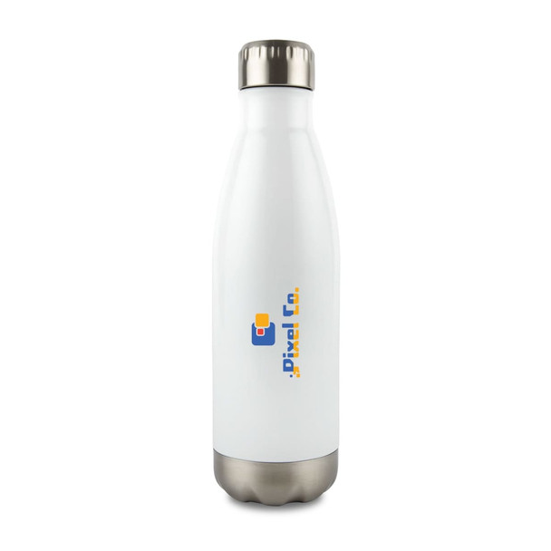 A drink bottle in white stainless steel with a silver base and a logo.
