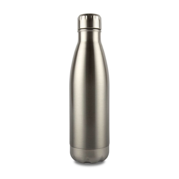 A drink bottle made of stainless steel with a sleek, metallic finish and a screw-top lid.