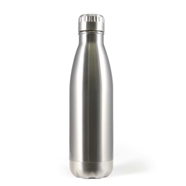 A drink bottle made of stainless steel with a sleek, polished surface and a screw-top lid.