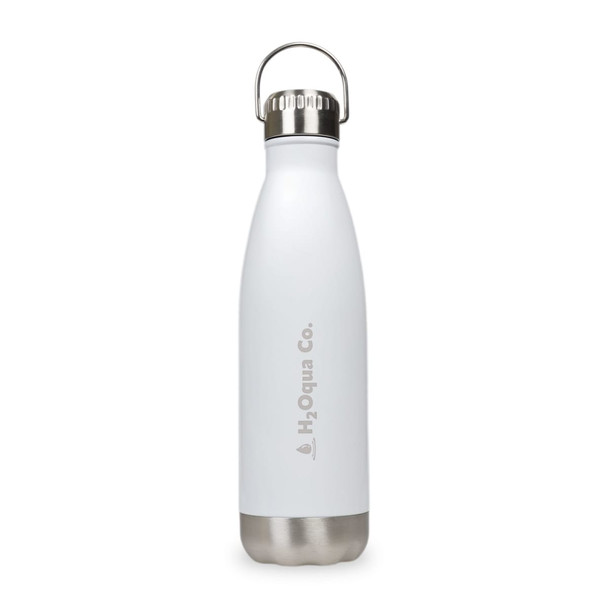 A drink bottle in white with a stainless steel bottom and a hanger lid, featuring a logo.
