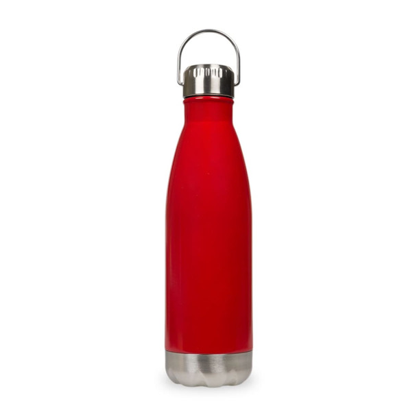 A drink bottle in bright red with a stainless steel base and a hanger lid. It features a logo on the side.