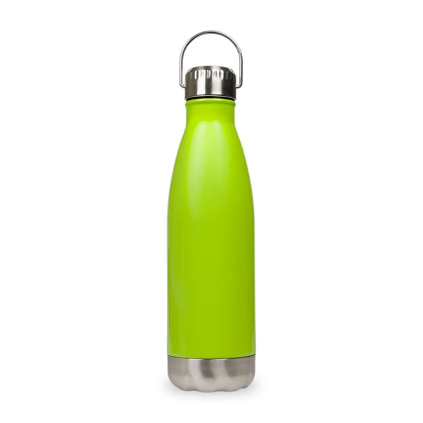 A drink bottle in vibrant green with a stainless steel base and a hanger lid. Features a logo on the body.