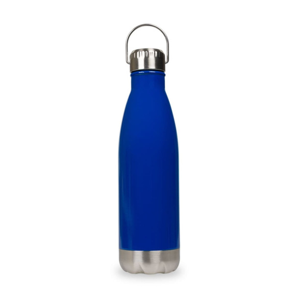 A drink bottle in vibrant blue with a stainless steel base and a hanger lid. It features a sleek, modern design.