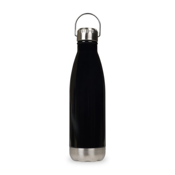 A drink bottle with a hanger lid, featuring a sleek black body and a silver base. Includes a logo.