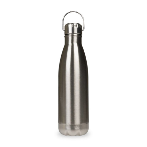 A stainless steel drink bottle with a hanger lid, featuring a sleek, silver finish.