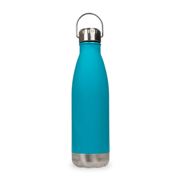 A drink bottle in bright teal with a silver stainless steel base and a metal hanger lid.