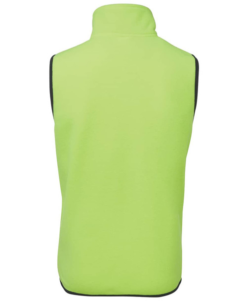 A high-visibility lime green work vest with black trim, featuring a stand-up collar and no sleeves.