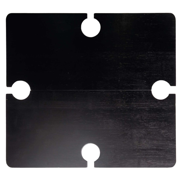 A black table top with two circular cutouts, featuring a smooth surface and rectangular shape. Brand logo present.