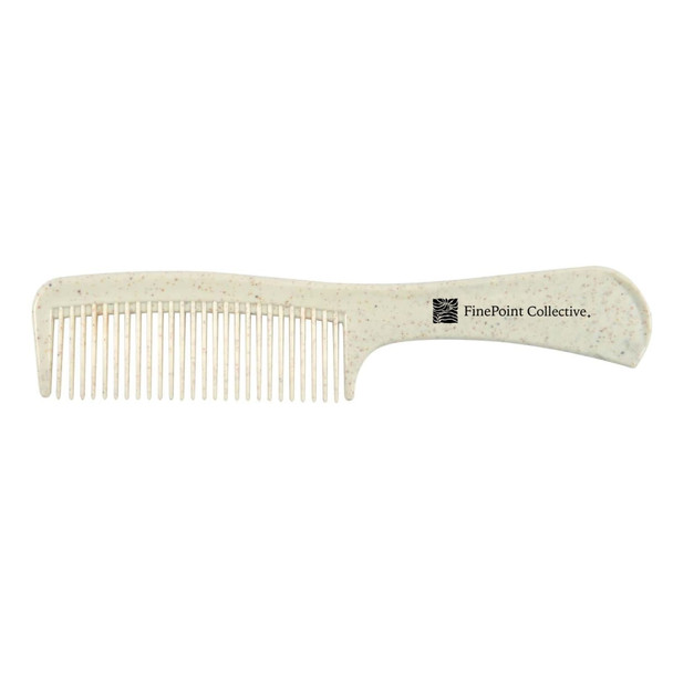 A white comb with a textured finish and a logo on the handle.