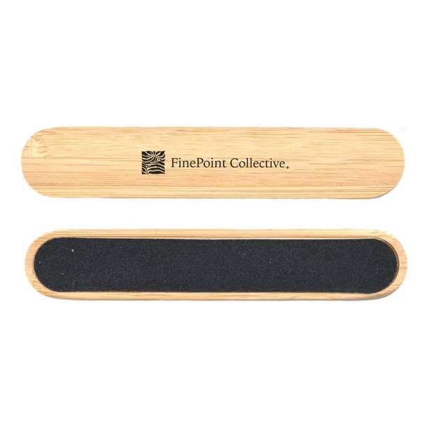 A bamboo nail file featuring a dark sanding surface and a logo. The design is sleek and minimalist.
