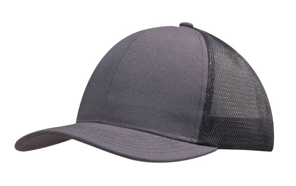A grey cap featuring a brushed cotton front and a mesh back, equipped with a curved brim. It includes a logo.
