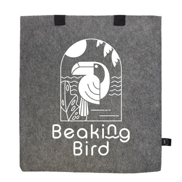 A grey tote bag made of RPET felt features a graphic of a bird and has two black handles, along with a logo. A grey tote bag made of RPET felt features a graphic of a bird and has two black handles, along with a logo.