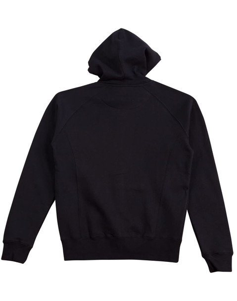 A black full-zip fleecy hoodie featuring a hood and ribbed cuffs. Includes a logo on the back.