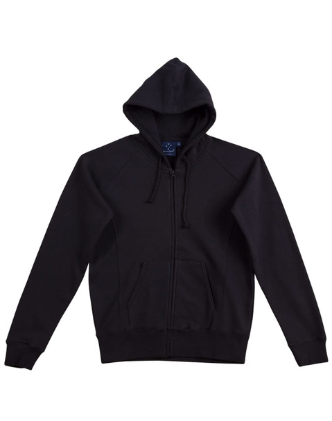 A black full-zip fleecy hoodie featuring a hood and front pockets, with a logo on the front. A black full-zip fleecy hoodie featuring a hood and front pockets, with a logo on the front.