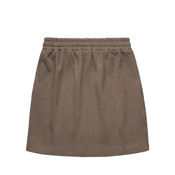 A khaki skirt with an elasticated waistband and a simple, casual design. It features no embellishments or patterns.