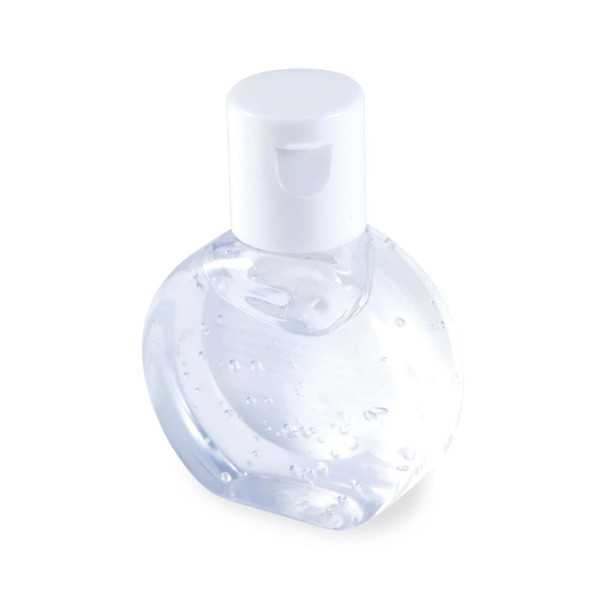 A clear bottle of hand sanitiser with a white flip-top cap, featuring a smooth, curved design.