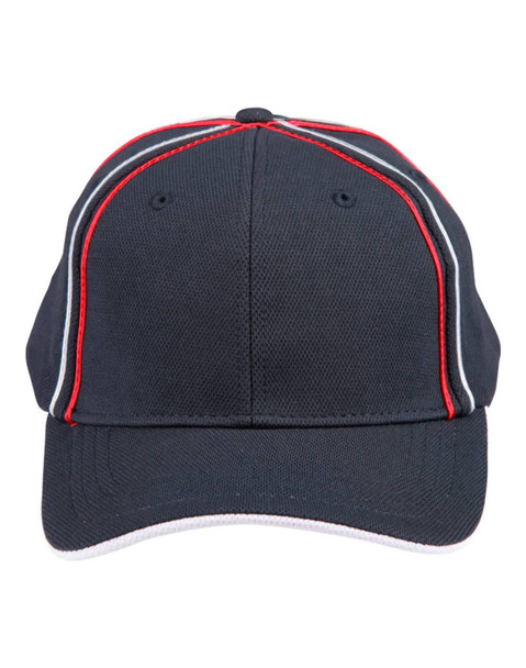 A structured cap in black, featuring red and white piping accents and a logo on the front.