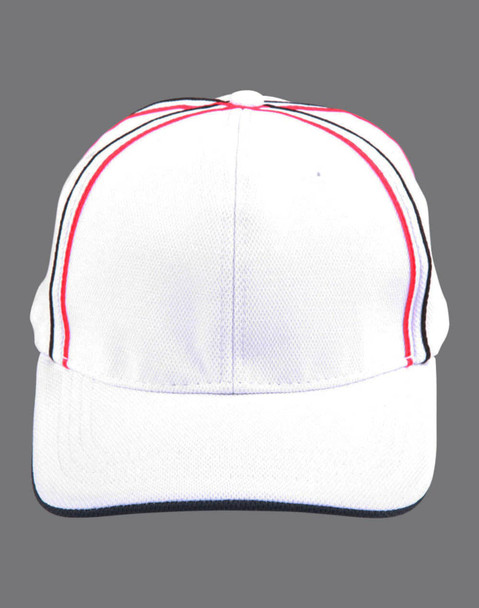A structured cap featuring a tri-colour design with white, red, and navy blue accents, complete with a logo.