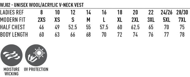 A size chart for a unisex wool/acrylic V-neck vest, detailing measurements for various sizes.
